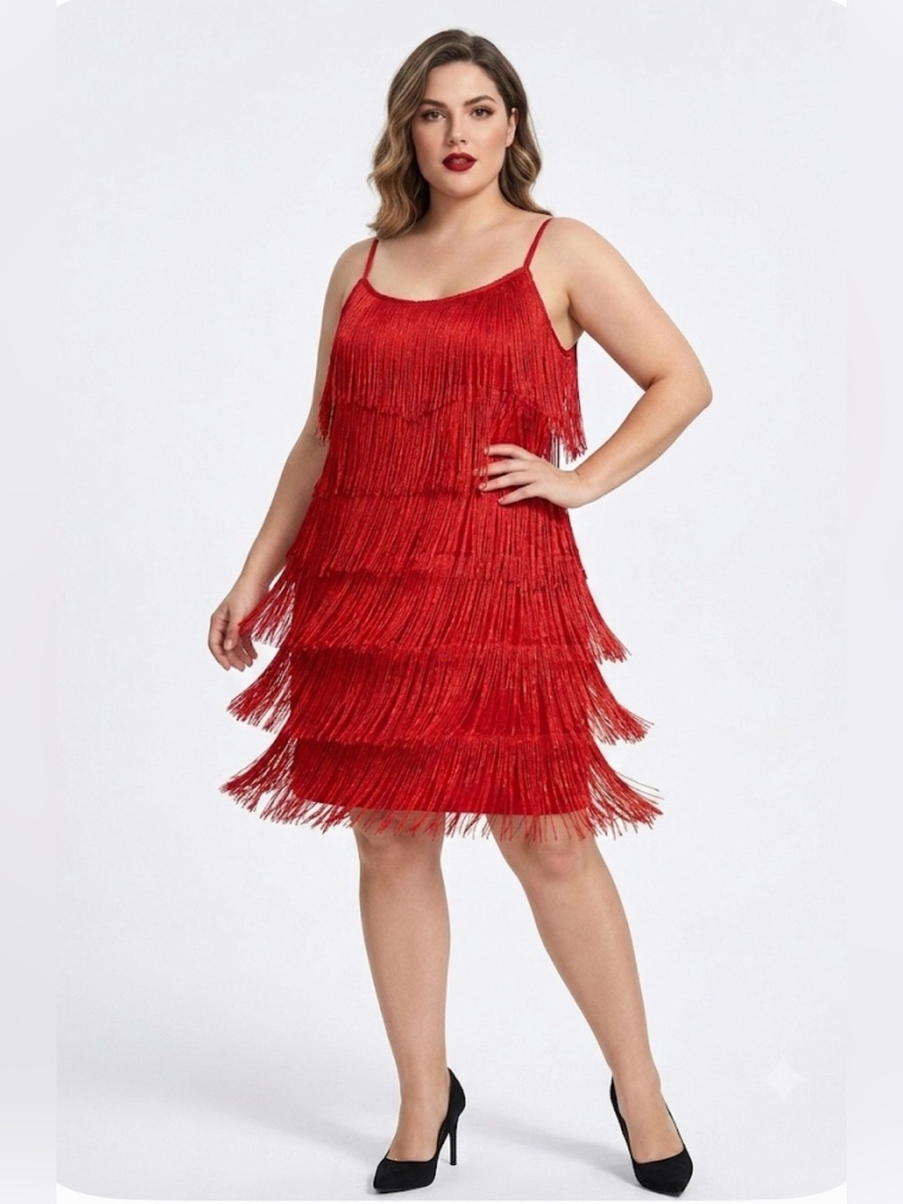 Venus Red Fringe Flapper Dress 2X Plus Size Tiered Adjustable Straps